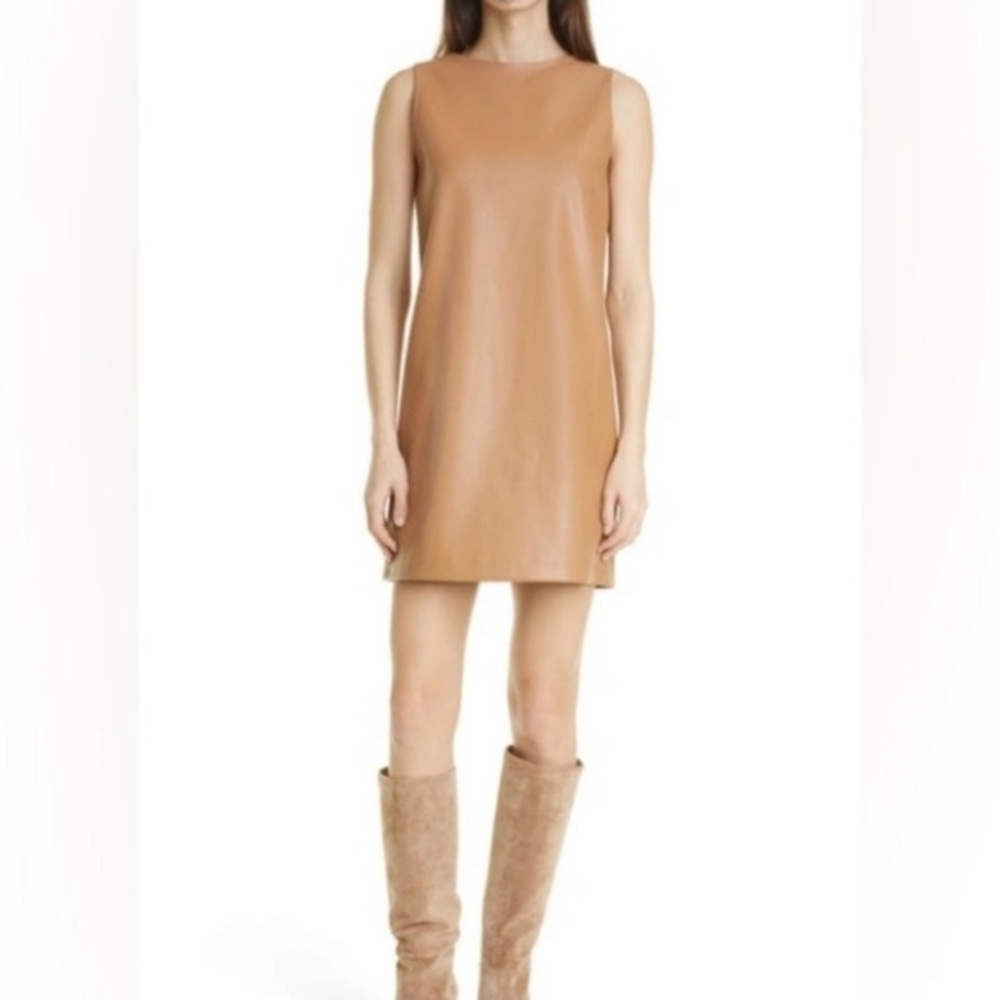 THEORY Camel Brown Sleeveless Faux Leather Mod Shift Dress
